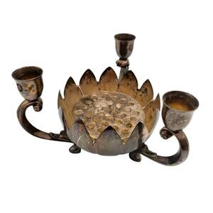 Vintage Silver Plate 3 Candle Flower Holder & Removable Flower Frog by Leonard